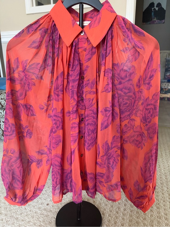Olivaceous Tops - Olivaceous Coral Sheer Blouse with Purple Floral Print